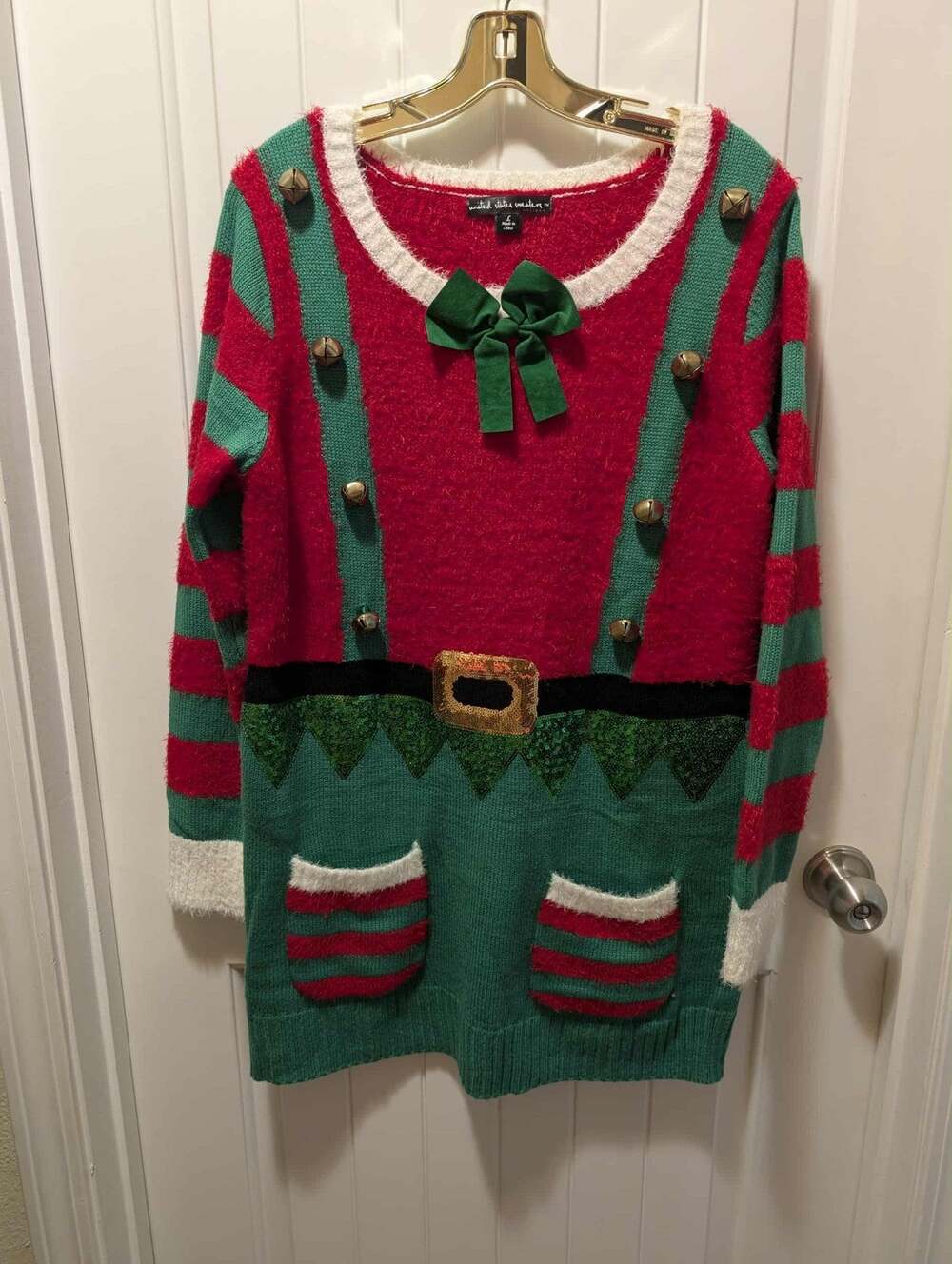 UNITED STATES Sweaters Elf Ugly Christmas Sweater Dress Bells Pockets Size L
